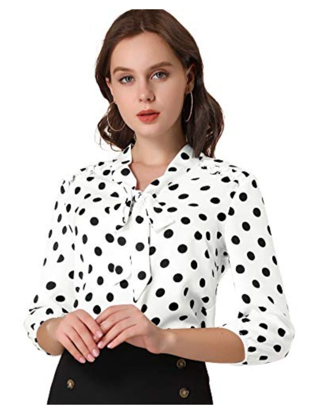 Allegra K Women's Polka Dot Blouse with Bow Tie Neck and Ruffle Shoulders